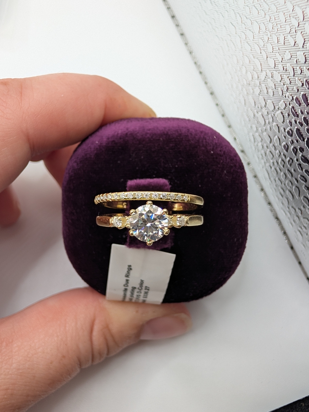 NWT 0.99 CTW VVS D Moissanite Duo Ring Set 925 Silver Gold Plated